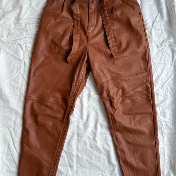 Free People Cognac Faux Leather Belted Paperbag Pants | Size 2 - Picture 3 of 5